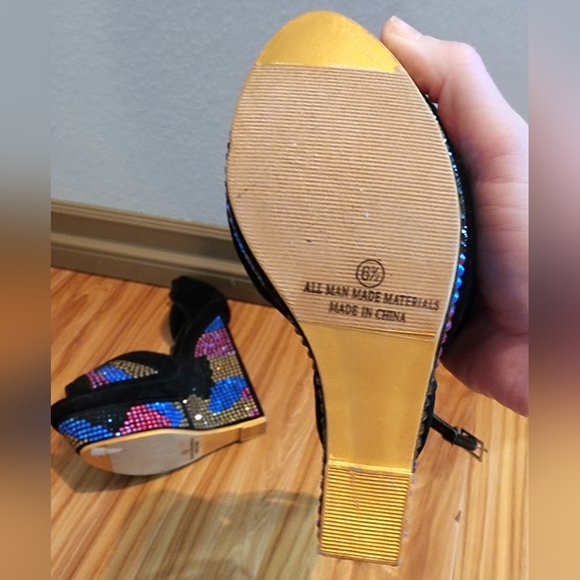 Size 6.5 black Velvet with gems 5 1/2" heel and 1" platform with ankle straps - Picture 4 of 9